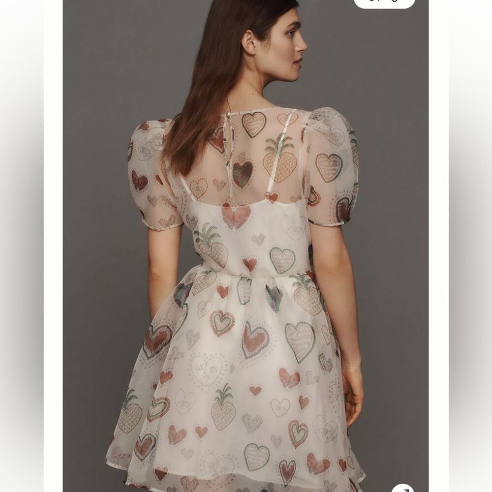FARM Rio Sheer Puff-Sleeve Dress Printed Hearts Size Large NWT - Picture 7 of 7